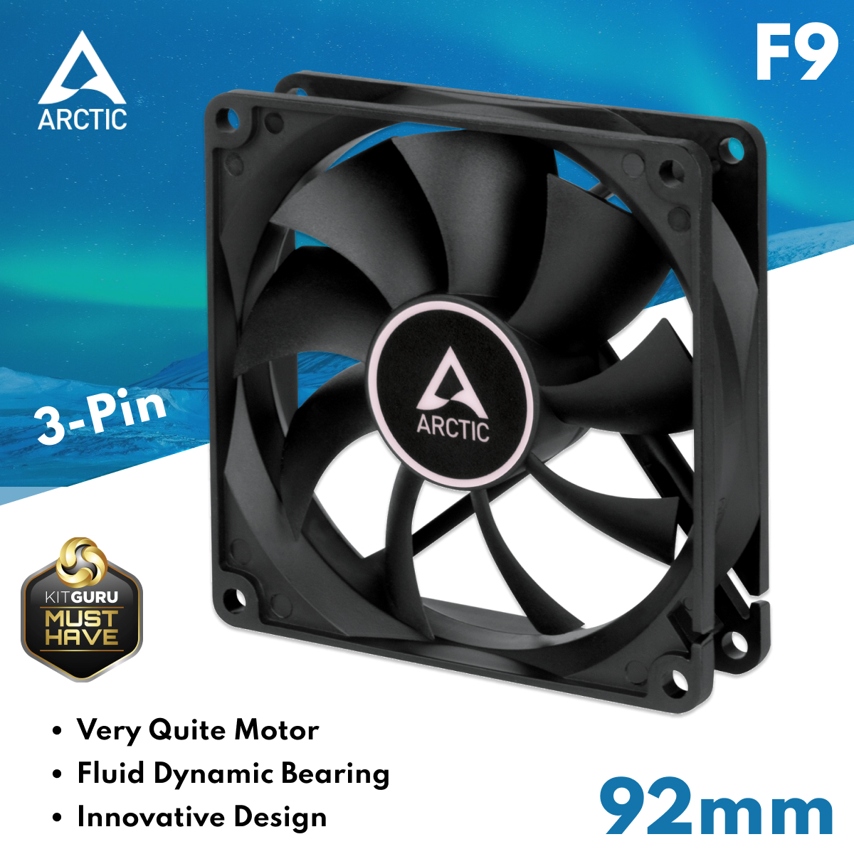 ARCTIC F9 Ventola Per PC Da 92 Mm - Silenziosa, 1800 RPM, Flusso D'Aria 43 CFM - Cuscinetto Fluido Dinamico - Connessione A 3 Pin