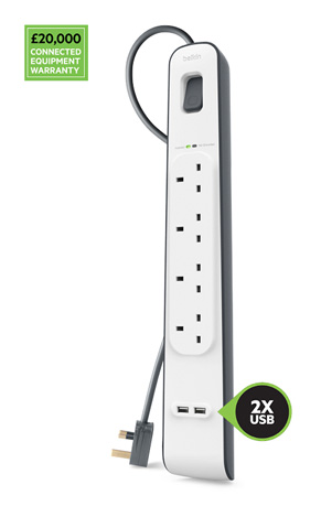 Belkin BSV401 4 Outlets 2M Surge Protection Strip with 2 x 2.4A Shared USB Charging, ?20 000 Connected Equipment Warranty