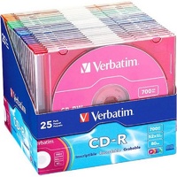 Verbatim CD-R 700MB 52X 80 Minute Recordable Disc with Color Branded Surface, 25 in pack, slim case, assorted