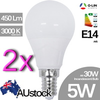 2x O-Lin 5W A45 LED Bulb, E14 Small Edison Screw, 400-450Lm, 3000K (Warm White), Equivalent 30W Incandescent Bulb, up ot 40.000H Usage