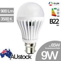 4x O-Lin 9W A60 Globe LED Bulb, B22 Bayonet, 850-900Lm, 2700-3500K (Warm White), Equivalent to 65W Incandescent, MCOB Chip, SAA Safety, up to 50,000 H
