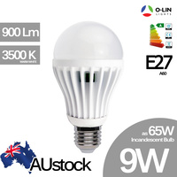 O-Lin 9W A60 LED Bulb, E27 Edison Screw, 850-900Lm, 2700-3000K(Warm White), Equivalent to 65W Incandescent, up to 50.000H Usage, MCOB Chip, SAA Safety