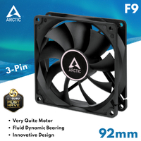 Arctic F9 | 92 mm Standard Computer Case Fan Quiet Silent PC Cooler Black ACFAN00212A , 3-pin 12v 1800 RPM