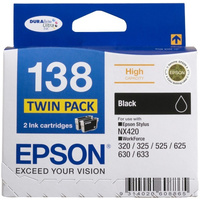 Epson 138 High Capacity Black Ink Cartridge Twin Pack, DURABrite Ultra, Epson