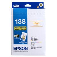 Epson 138 Ink Cartridge Value Pack, High Capacity, DURABrite Ultra + 20 Sheets Epson Photo Paper BONUS