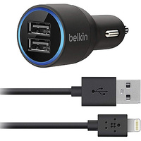 Belkin Dual Car Charger 2.1A with Lightning Charge Sync USB Cable, 10W 2.1A per Port