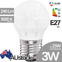 O-Lin 3W G45 LED Bulb, E27 Edison Screw 230-240Lm, 2700-3000K (Warm White), Equivalent 15W Incandescent, up to 40.000H Usage