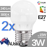 2x O-Lin 3W G45 LED Bulb, E27 Edison Screw 230-240Lm, 2700-3000K (Warm White), Equivalent 15W Incandescent, up to 40.000H Usage