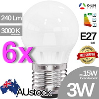 6x O-Lin 3W G45 LED Bulb, E27 Edison Screw 230-240Lm, 2700-3000K (Warm White), Equivalent 15W Incandescent, up to 40.000H Usage