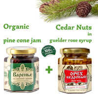 Set of Organic Pine Cone Jam 250g + Cedar Nuts in Guelder Rose Syrup 220g Glass Jar by Sibirskiy Znakhar Natural Vegan Gift