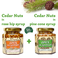 Set of Organic Cedar Nuts in Rose Hip Syrup + Pine Cone Syrup by Sibirskiy Znakhar 220g 200ml Glass Jar Natural Vegan Gift