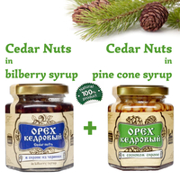 Set of Organic Cedar Nuts in Blueberry Syrup + Pine Cone Syrup 220g 200ml Jar by Sibirskiy Znakhar Glass Jar Natural Vegan Gift