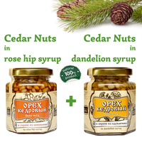 Set of Organic Cedar Nuts in Rose Hip Syrup + Dandelion Syrup by Sibirskiy Znakhar 220g 200ml Glass Jar Natural Vegan Gift