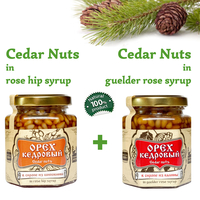 Set of Organic Cedar Nuts in Rose Hip Syrup + Guelder Rose Syrup by Sibirskiy Znakhar 220g 200ml Glass Jar Natural Vegan Gift