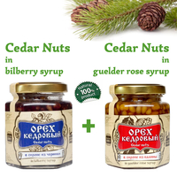 Set of Organic Cedar Nuts in Blueberry Syrup + Guelder Rose Syrup by Sibirskiy Znakhar 220g 200ml Glass Jar Natural Vegan Gift