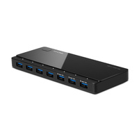 TP-Link UH700 USB 3.0 7-Port Hub, desktop with external power adapter, black