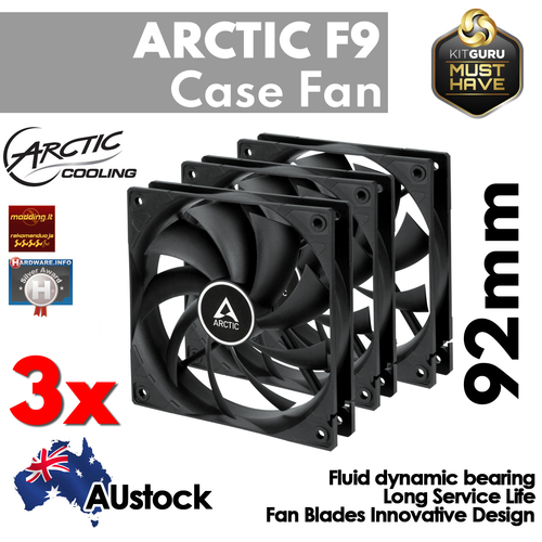 3x Arctic F9 92 mm Standard Computer Case Fan Quiet Silent PC Cooler Black ACFAN00212A , 3-pin 12v 1800 RPM