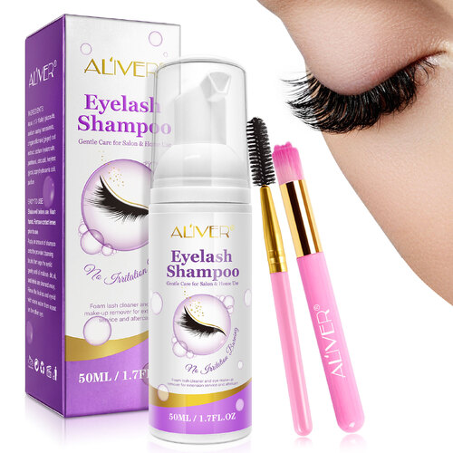 Aliver Eyelash Extension Shampoo Eyelid Foam Cleanser Remove Eye Lash Makeup Bubble Brush Cleaner For Salon and Home Use Purple 50ml
