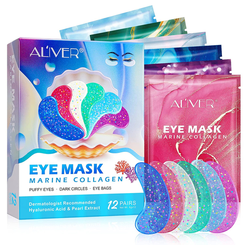 ALIVER Marine Collagen Under Eye Patches Gel Pads Collagen Mask Anti Wrinkle Dark Circle Bags Puffy Treatment Repair Anti Aging, 12 pairs