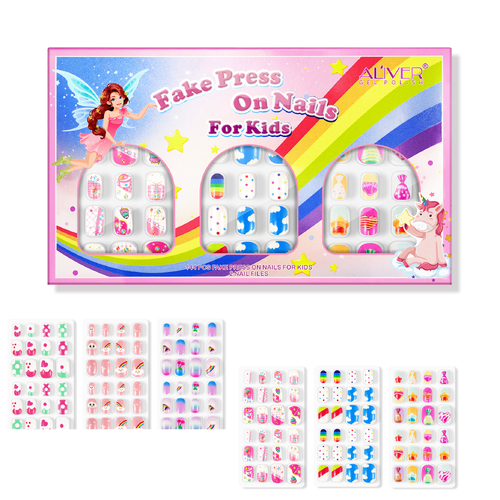 Aliver Fake Press on Nail for Kids Kit Children Color Heart Cat Rainbow False Art Set Gift Girls Glue Acrylic Nails Party 144pcs