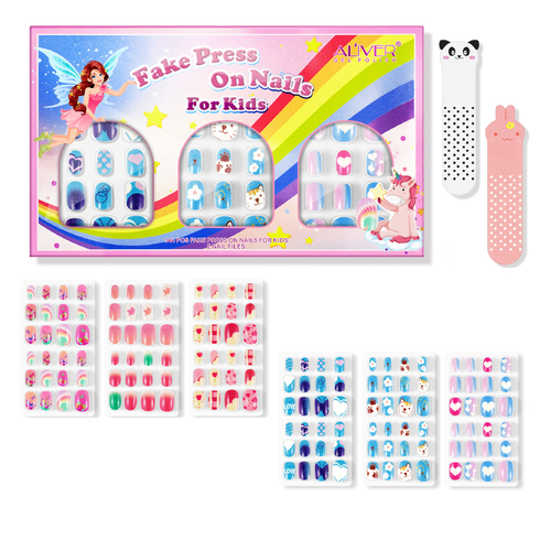 Aliver Fake Press on Nail for Kids Kit Children Color Heart Cat Rainbow False Art Set Gift Girls Glue Acrylic Nails Party 144pcs