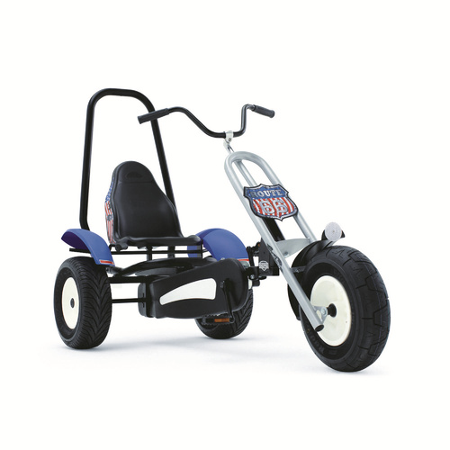 Berg Route 66 Three Wheel Go-Kart Tricycle, Ride-On Toy Car for Kids, with BFR-HUB, Adjustable Seat and Steering columns, Pneumatic Wheels, Blue