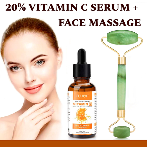 Set Jade Face Massage Roller + Vitamin C Serum Body Neck Anti Aging Skin Care AU