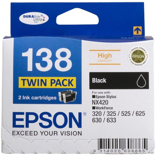 Epson 138 High Capacity Black Ink Cartridge Twin Pack, DURABrite Ultra, Epson