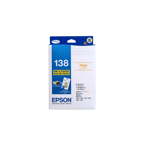 Epson 138 Ink Cartridge Value Pack, High Capacity, DURABrite Ultra + 20 Sheets Epson Photo Paper BONUS