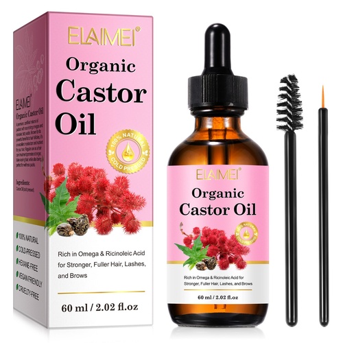 Elaimei Organic Castor Oil Hair Growth Serum Anti Hair Loss Scalp Regrowth Strength Eyelashes & Brows Pure Cold Pressed, 60ml