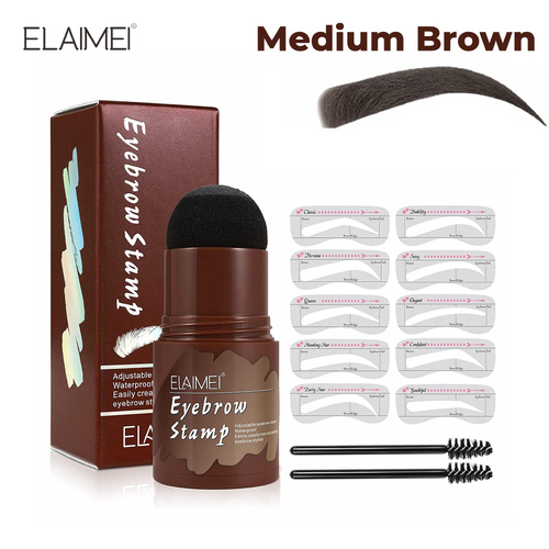 Elaimei Eyebrow Stamp Stencil Kit Powder Waterproof Natural Shape Brow One Step Perfect Makeup Set Shaping, MEDIUM BROWN