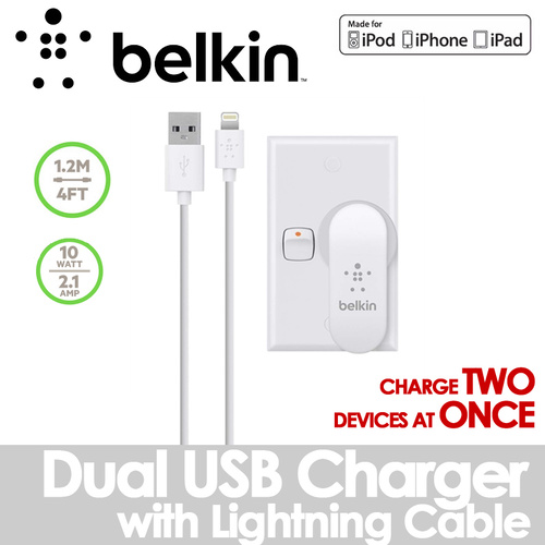 Belkin Boost-Up Dual Home & Wall Charger (10 Watt/2.1 Amp Per Port) with 1.2m Lightning to USB Cable