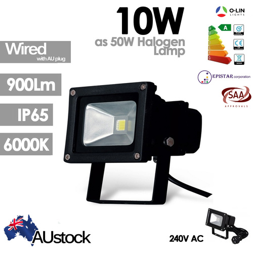 O-Lin 10W IP65 LED Flood Light Lamp 900Lm 6000K (Cool White) Equivalent to 50W Halogen Epistar LED Chip SAA Safety AU Plug