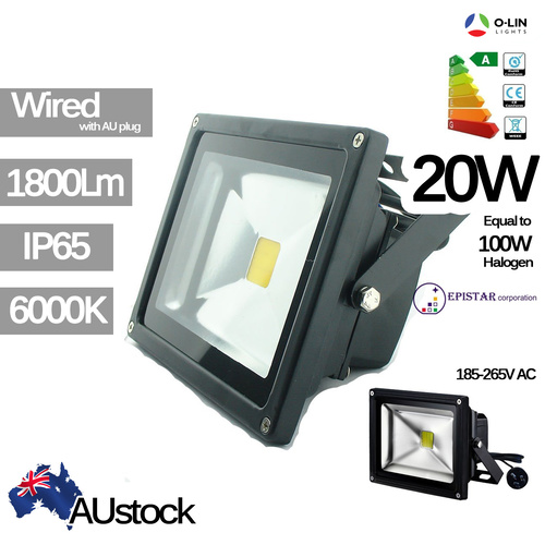 O-Lin 20W IP65 LED Lamp Flood Light, 1800Lm, 6000K (Cool White), Equivalent to 100W Halogen, Epistar Chip, up to 50,000 Hours Usage, SAA Safety, 3-Pin