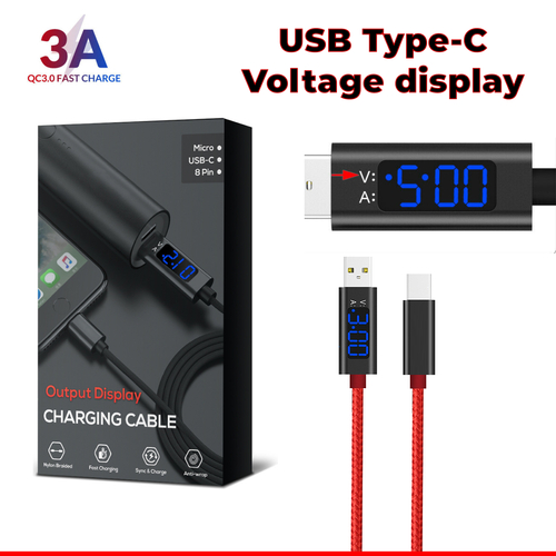 Fast Charging Phone Cable USB C Type-C Voltage Display LED USB-C Samsung Huawei