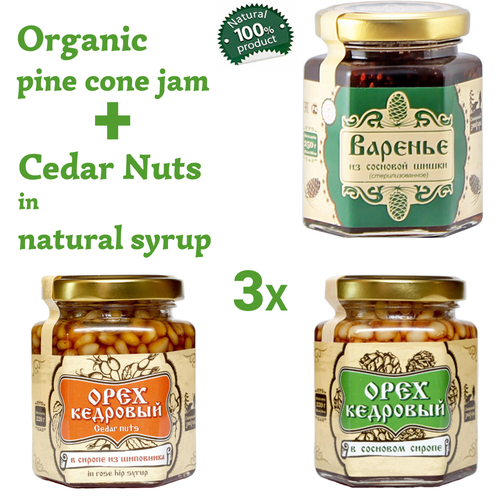 Set of Organic Pine Cone Jam 250g + Cedar Nuts in Pine Cone and Rose Hip Syrup 220g Glass Jar by Sibirskiy Znakhar Natural Vegan Gift