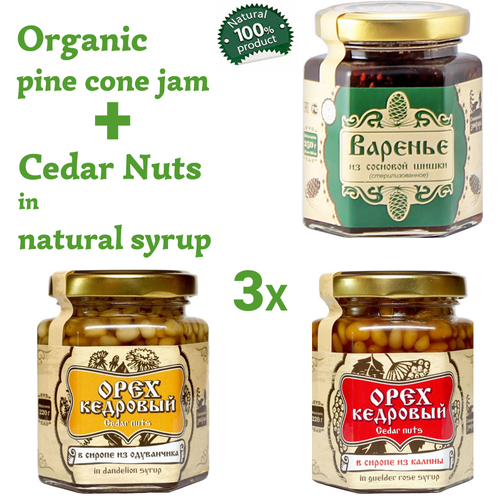 Set of Organic Pine Cone Jam 250g + Cedar Nuts in Guelder Rose and Dandelion Syrup 220g Glass Jar by Sibirskiy Znakhar Natural Vegan Gift