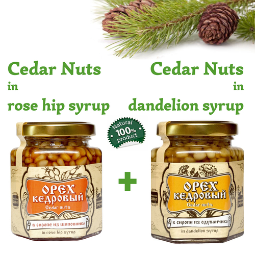 Set of Organic Cedar Nuts in Rose Hip Syrup + Dandelion Syrup by Sibirskiy Znakhar 220g 200ml Glass Jar Natural Vegan Gift