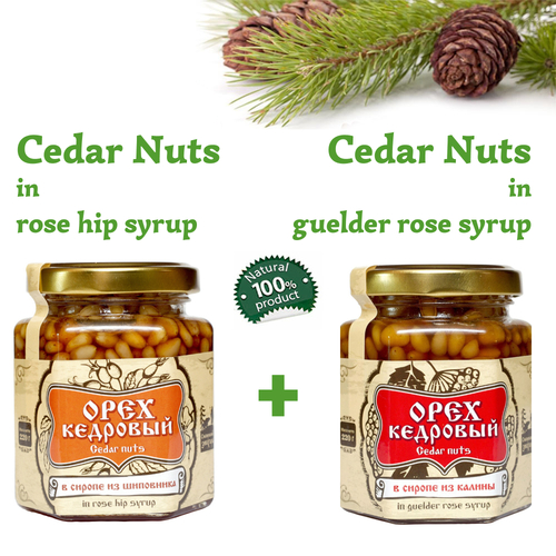 Set of Organic Cedar Nuts in Rose Hip Syrup + Guelder Rose Syrup by Sibirskiy Znakhar 220g 200ml Glass Jar Natural Vegan Gift