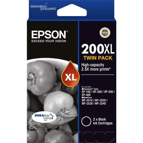 Epson 200XL High Cap Black Twin Pack, XP100 XP200 XP300 WF2540