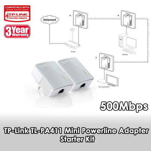 TP-Link TL-PA411 AV500 2xMini Nano Powerline Adapter Starter Kit, HomePlug AV up to 500Mbps, 10/100Mbps Ethernet Port, Plug and Play
