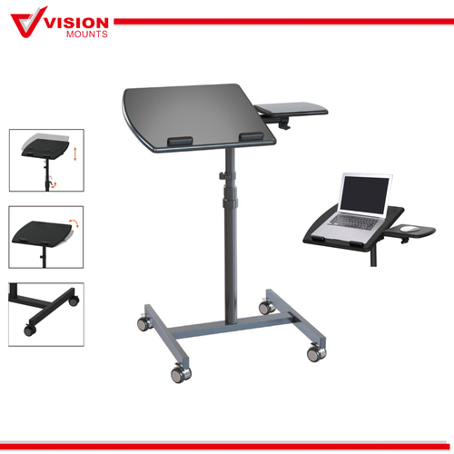Vision Mounts VM-LH06 | Mobile Rolling Laptop Desk Table Stand Bedside Cart Adjustable Free Height | Up to 10kg