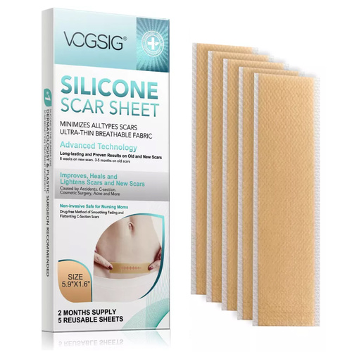 VOGSIG Silicone Gel Scar Removal Sheets Wound Skin Repair Tape Adhesive Patches Stretch Mark Surgery Strips Reusable, 5pcs